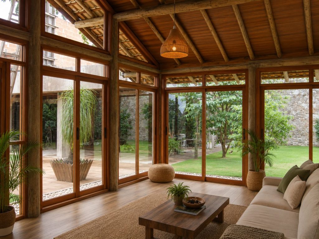 Esquadrias de madeira em Peroba Rosa em sala com pé-direito duplo, grandes janelas e integração com a natureza.
