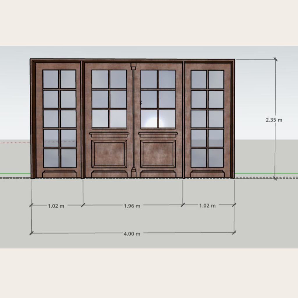 Projeto de porta de madeira sob medida com porta dupla central e laterais, desenvolvido para cliente em São Borja – RS