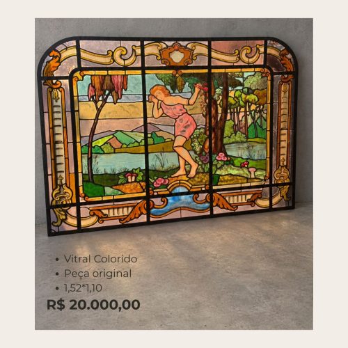 Vitral Antigo Colorido Paisagem – Peça Original de 1,52 x 1,10 m