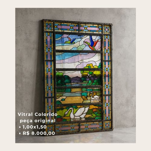 Vitral Antigo Colorido Original 1,00 x 1,50 m – Peça Exclusiva
