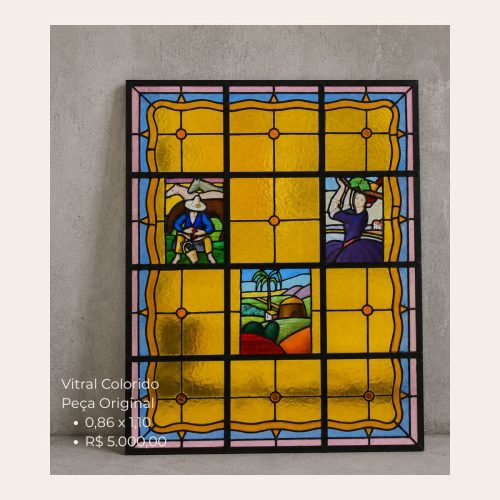 Vitral Antigo Colorido Original 0,86 x 1,10 m – Peça Exclusiva