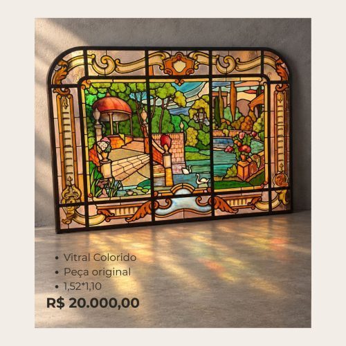 Vitral Antigo Colorido com Jardim e Coreto – Peça Original