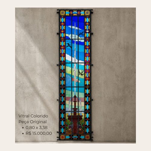 Vitral Antigo Colorido Original 0,80 x 3,38 m – Peça Exclusiva