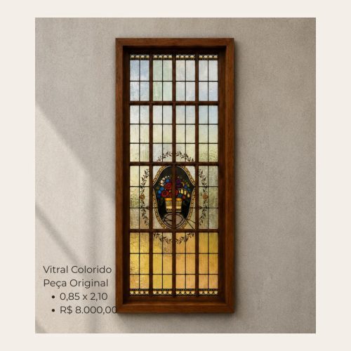 Vitral Antigo Colorido Original 0,85 x 2,10 m – Peça Exclusiva