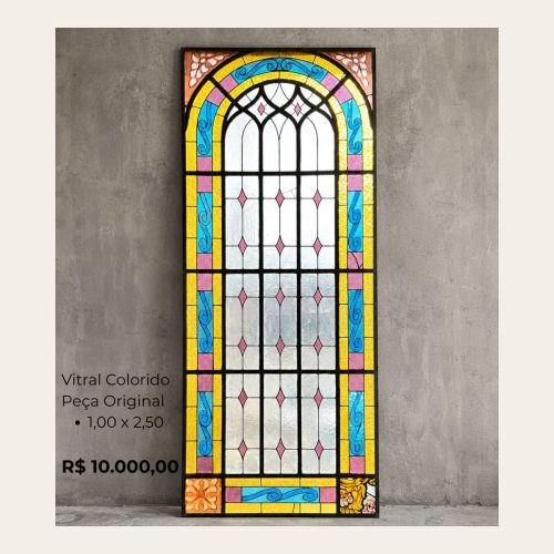 Vitral Antigo Colorido Original 1,00 x 2,50 m – Peça Exclusiva