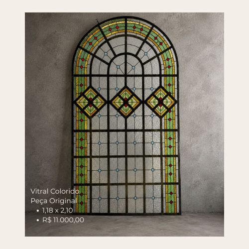Vitral Antigo Colorido Original 1,18 x 2,10 m – Peça Exclusiva