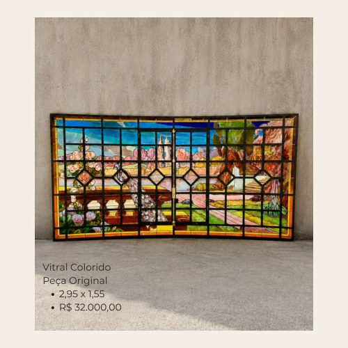 Vitral Antigo Colorido Original 2,95 x 1,55 m – Peça Exclusiva