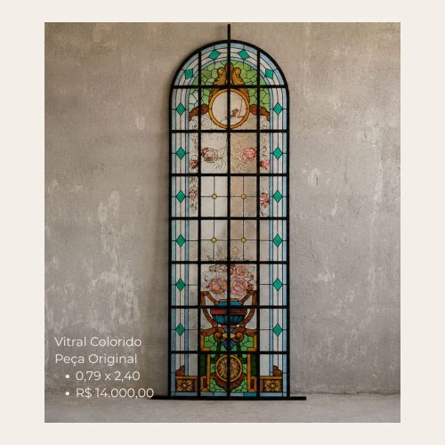Vitral Antigo Colorido Original 0,79 x 2,40 m – Peça Exclusiva