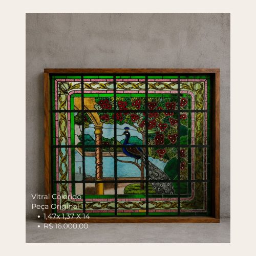 Vitral Antigo Colorido Original 1,47 x 1,37 m – Peça Exclusiva