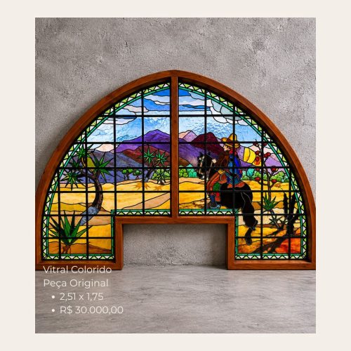 Vitral Antigo Colorido Original 2,51 x 1,75 m – Assinado Os Conrados