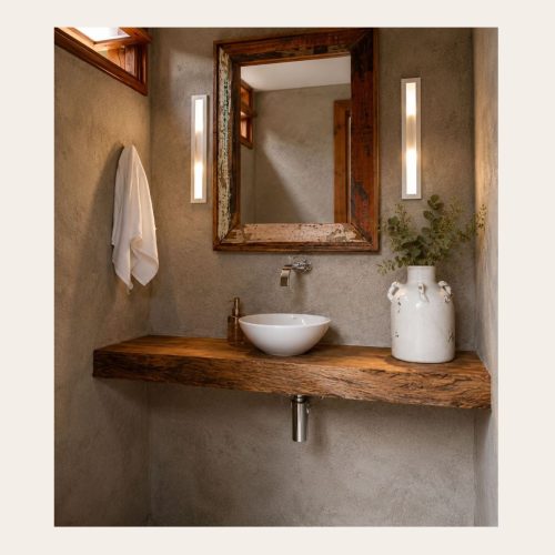 Bancada para lavabo em Peroba Rosa de demolição com cuba de apoio e madeira maciça