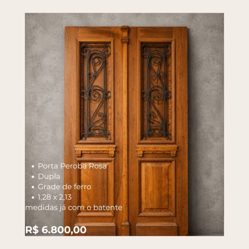 Porta Peroba Rosa Dupla com Grade de Ferro 1,28 x 2,13