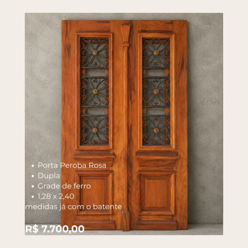 Porta Peroba Rosa Dupla com Grade de Ferro 1,28 x 2,40
