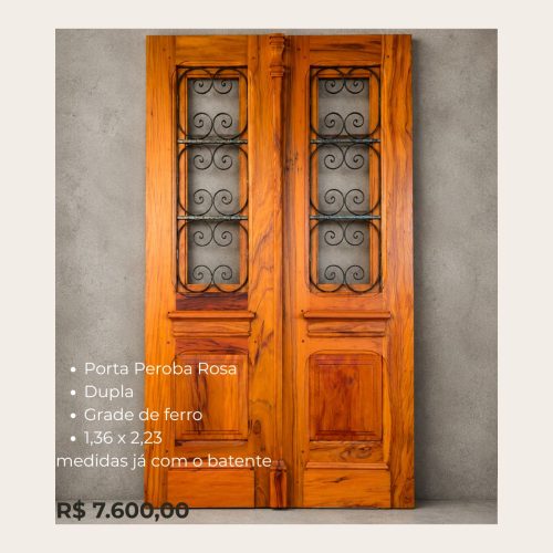Porta Peroba Rosa Dupla com Grade de Ferro 1,36 x 2,23