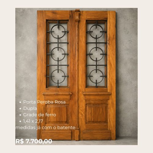 Porta Peroba Rosa Dupla com Grade de Ferro 1,41 x 2,17