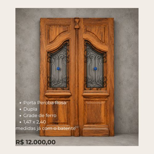 Porta Peroba Rosa Dupla com Grade de Ferro 1,47 x 2,40