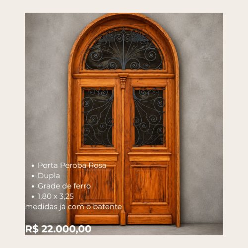 Porta Peroba Rosa com Bandeira Dupla com Grade de Ferro 1,80 x 3,25