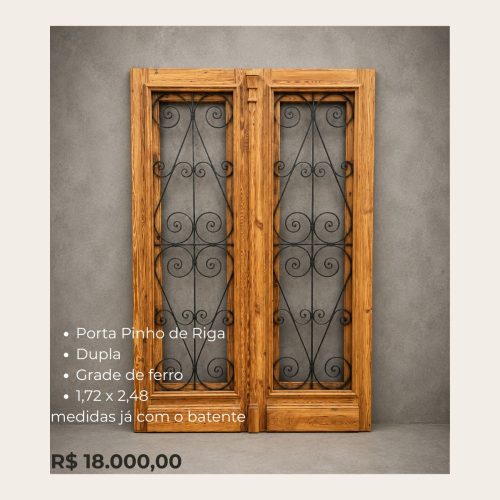Porta Pinho de Riga Dupla com Grade de Ferro 1,72 x 2,48