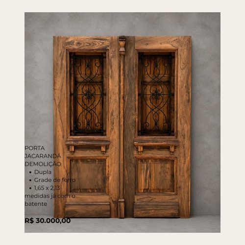 Porta Jacarandá de Demolição Dupla com Grade de Ferro – 1,65 x 2,13m