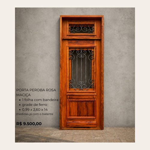 Porta Peroba Rosa Maciça 1 Folha com Bandeira e Grade de Ferro – Batente 14cm – 1,00 x 2,60m