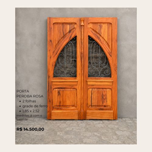 Porta Peroba Rosa Maciça 2 Folhas com Grade de Ferro – 1,85 x 2,52m