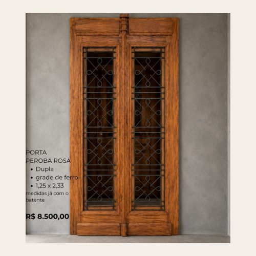 Porta Peroba Rosa Maciça Dupla com Grade de Ferro – 1,25 x 2,33m