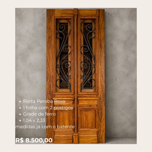 Porta Peroba Rosa 1 folha com 2 Postigos e Grade de ferro 1,04 x 2,33